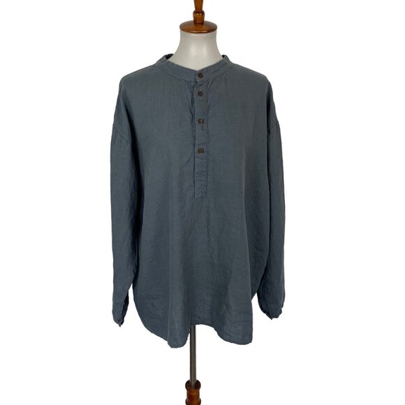 Womens Linen Top XL Blue Long Sleeve Coastal Boho Vacation Resort Style - Picture 1 of 4